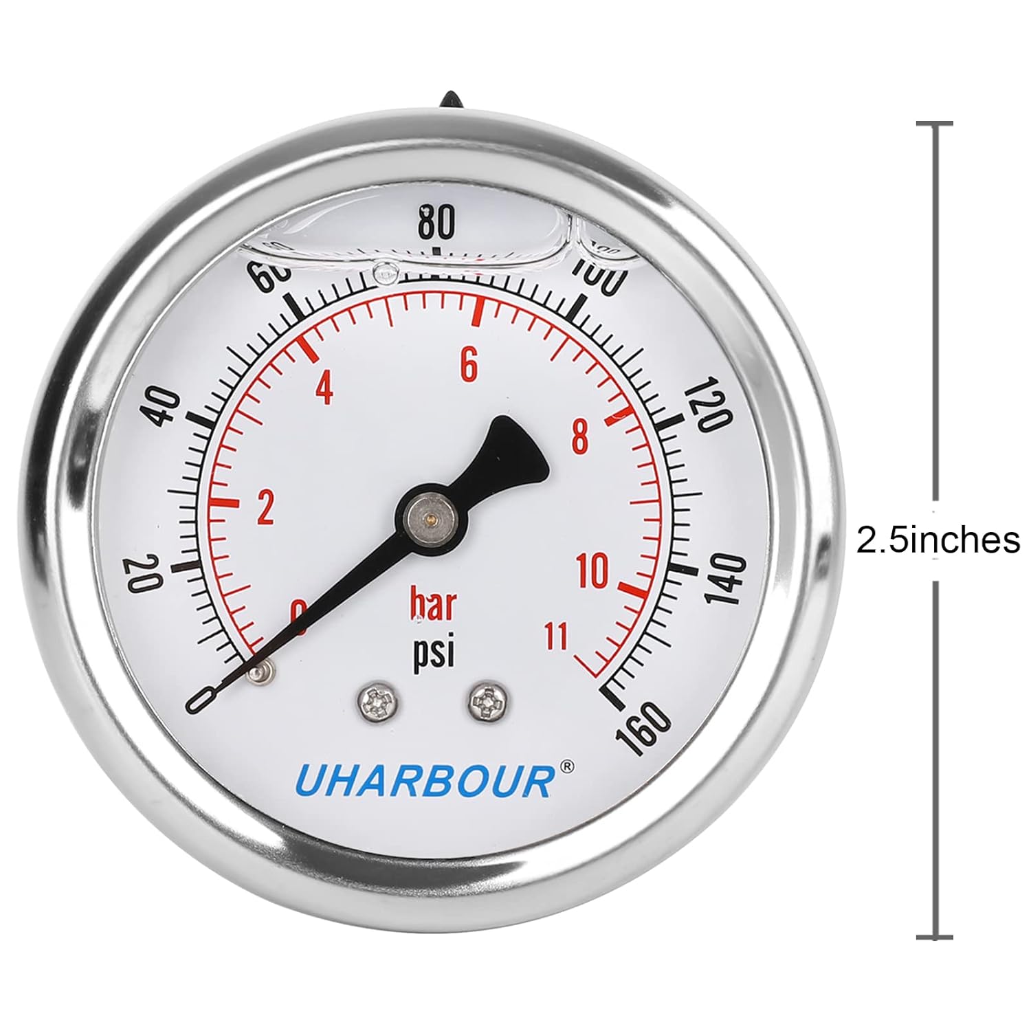 Glycerin Filled Pressure Gauge 160psi/11bar, Stainless Steel case, Brass Inside Construction, 2-1/2" dial, 1/4" NPT Back Connection.…