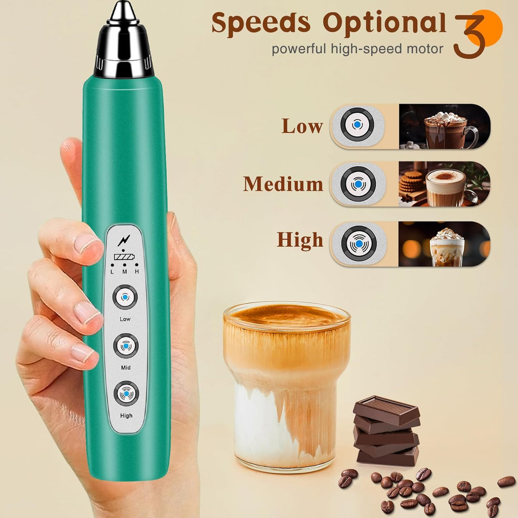Milk Frother Handheld Rechargeable, Frother Wand Drink Mixer Electric Whisk for Coffee, Detachable With 3 Stainless Whisks, Hand Mixer for Lattes, Cappuccino, Matcha, Egg, No Stand, Green