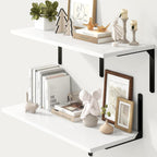 Fun Memories Floating Shelves for Wall, 12 Inch Deep Floating Shelves Set of 2, Wall Mounted Shelf with Metal Brackets, Rustic Wood Wide Shelf for Bathroom, Kitchen and Living Room, White, 32W x 12D