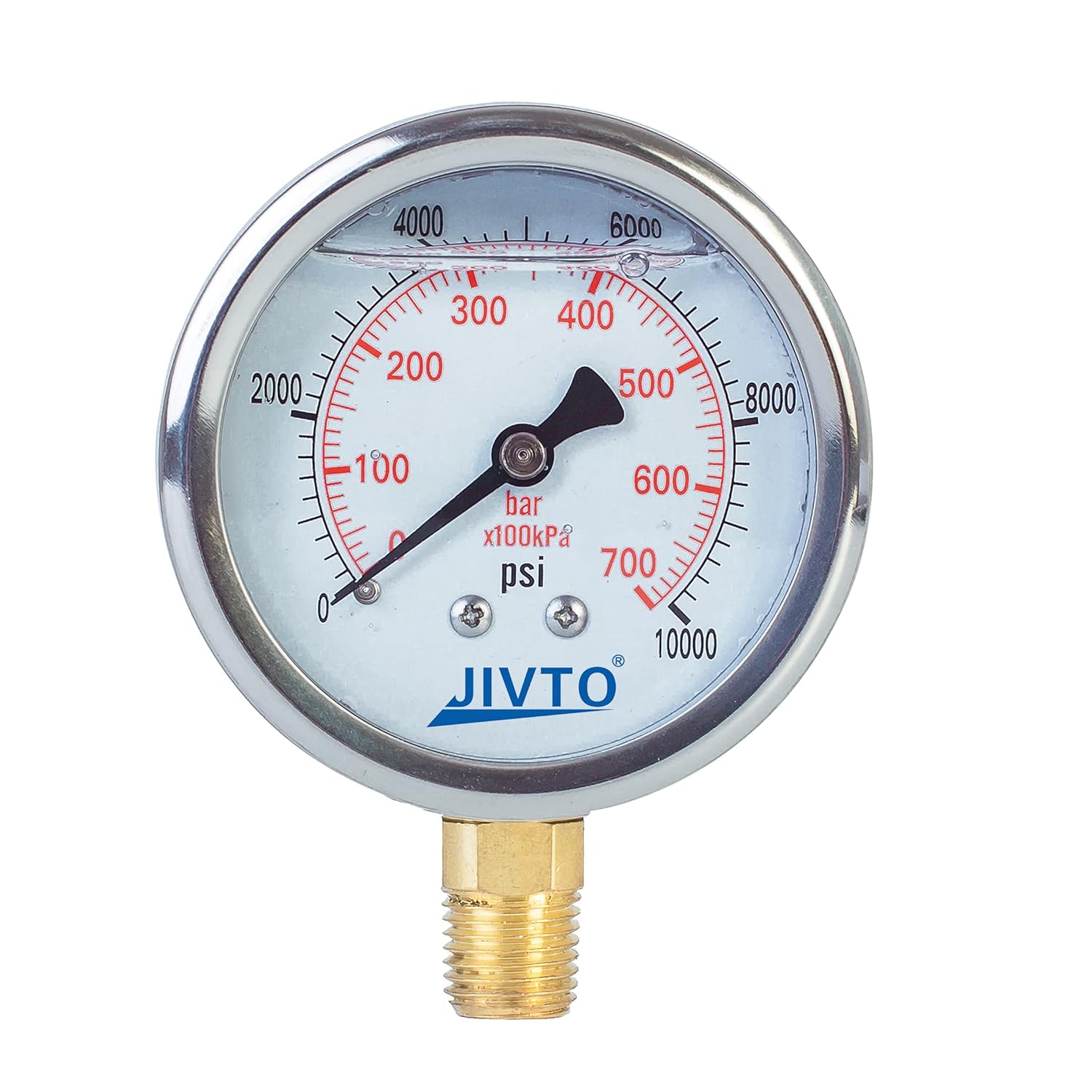 Pressure Gauge,Glycerin Liquid Filled,2.5" Dual Scale Dia,0-10000 psi/bar/kpa,1/4" NPT Male Brass Connection,Lower Mount, Stainless Steel Case,for Pneumatic,Pump,Hose,Well Tank,Gas Air Water Oil