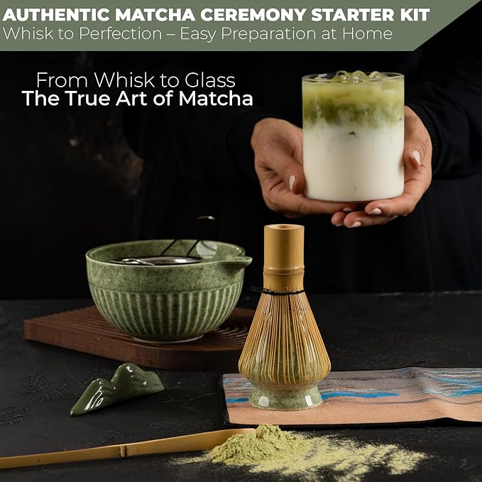 Matcha Whisk Set,7-Piece Japanese Matcha Tea Set with Ceramic Bowl, Whisk Holder, Bamboo Scoop, Sifter-Cloth Mat – Traditional Green Tea Kit for Gifts, Daily Use