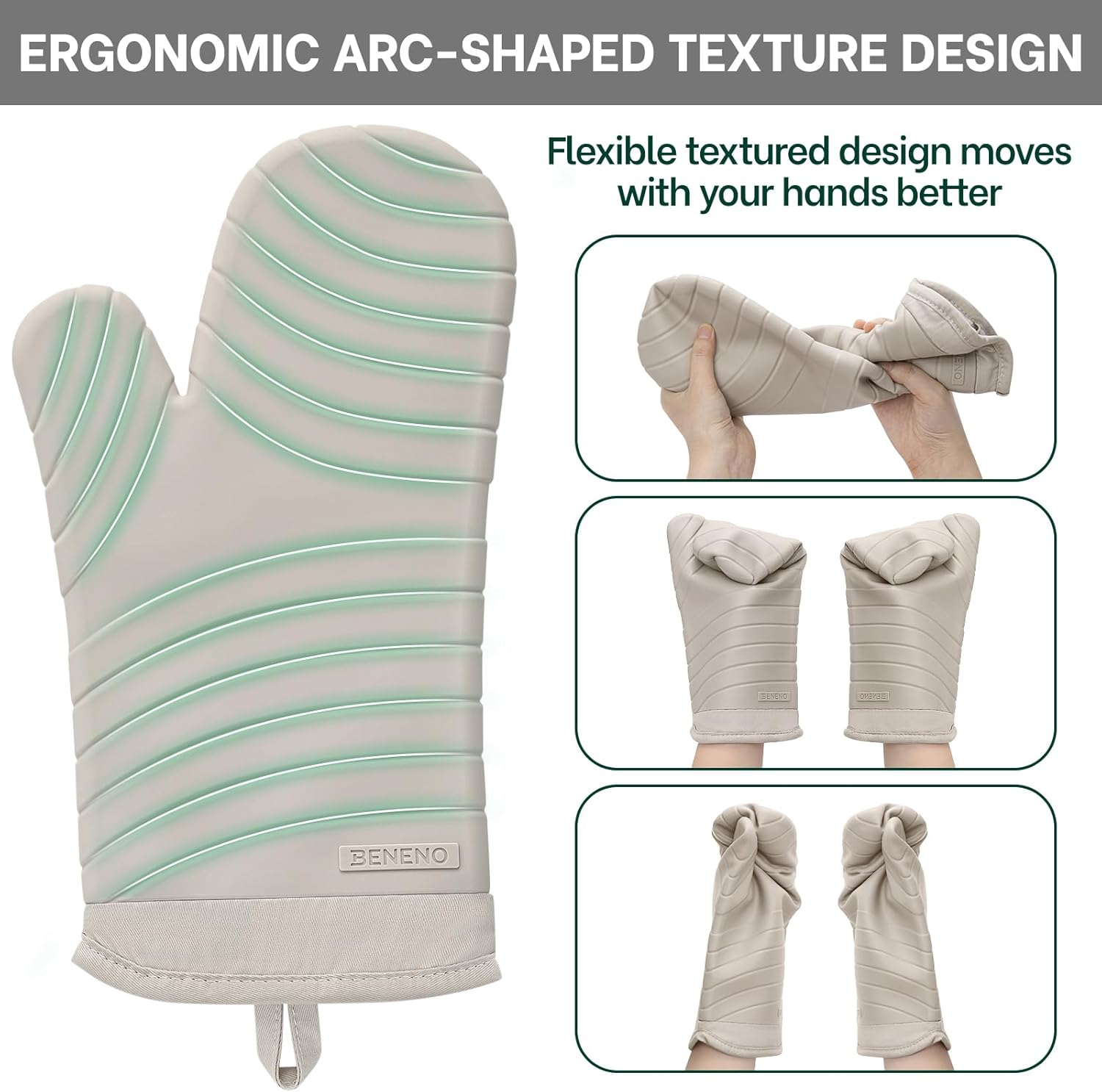 Beneno Oven Mitts, Heat Resistant BPA-Free Soft Silicone Oven Mitts 2-Pack, Waterproof Non-Slip Flexible Oven Gloves with Comfort Cotton Lining, Durable Kitchen Mitt Set for Baking Grill, 7"x13" Beige