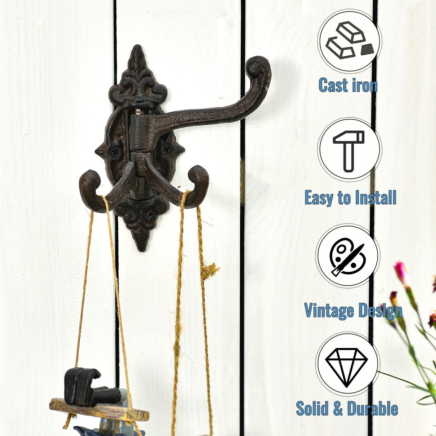 Sungmor 2-Pack Cast Iron 3-in-1 Flexible & Functional Swivel Wall Hook - Vintage Coat Hook Garden Planter Hanger - Heavy Duty Solid Metal Swing Hook - Clothes Hats Towels Bags Pots Tools Hanger