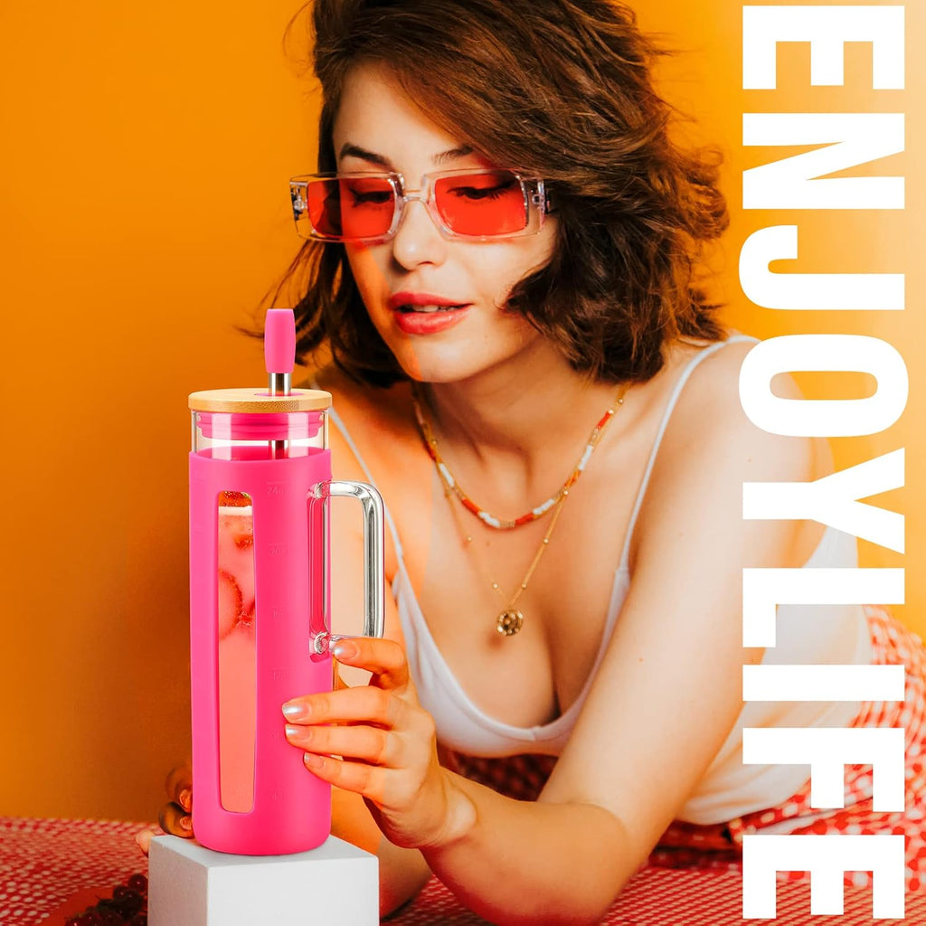 Kodrine 24 oz Glass Tumbler with Handle, Iced Coffee Cup Boba Smoothie Cup, Bamboo Lid Home Office Tumbler, Rose Red