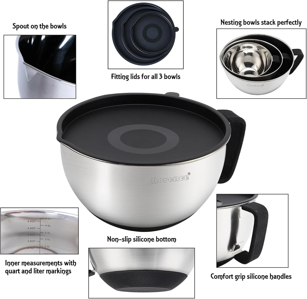 Rorence Stainless Steel Mixing Bowls: Metal Mixing Bowl Set with Lids and Handles Non-slip Silicone Bottom Nesting Bowls for Kitchen Set of 3 - Black