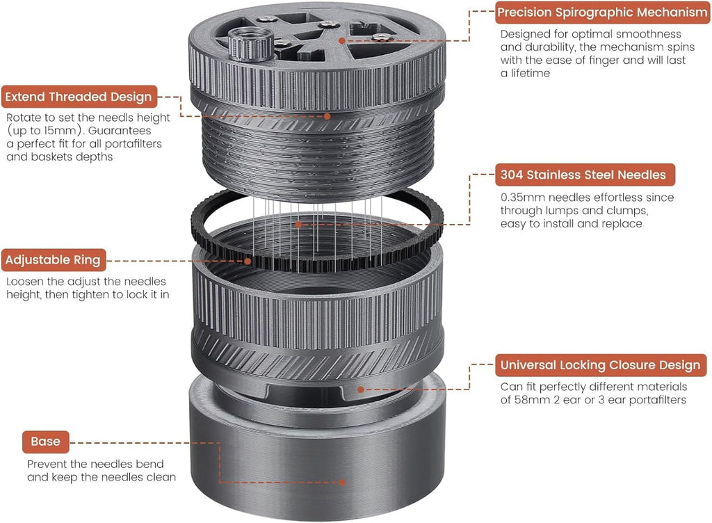 WDT Tool for Espresso - Professional 58mm Portafilter Coffee Distributor with 15 Adjustable Needles | Spirographic Spin Design for Even Extraction, Reduced Channeling & Barista-Perfect Shots