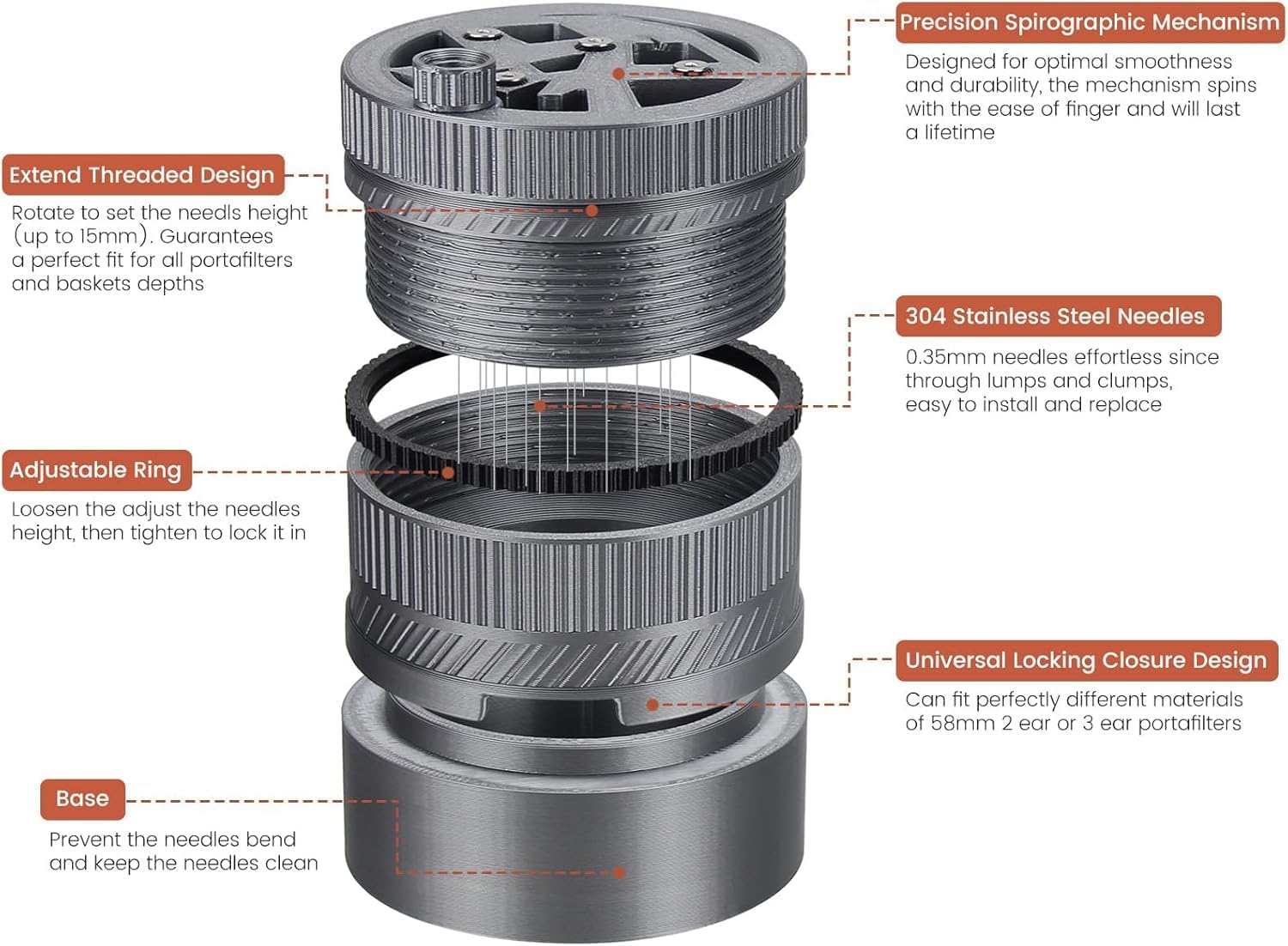 WDT Tool for Espresso - Professional 58mm Portafilter Coffee Distributor with 15 Adjustable Needles | Spirographic Spin Design for Even Extraction, Reduced Channeling & Barista-Perfect Shots