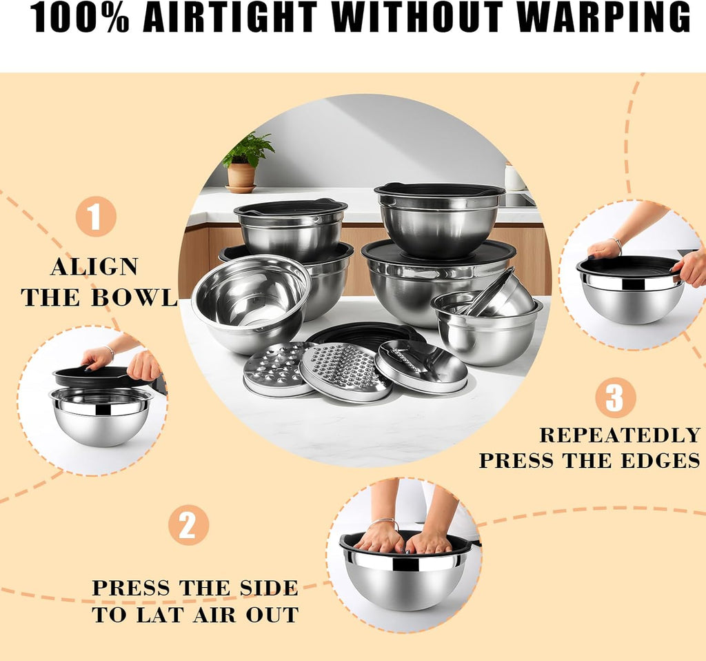 Lazycorner Stainless Steel Mixing Bowls with Airtight Lids Set of 7 Stainless Steel Bowls Set with 3 Grater Attachments Great for Serving & Baking