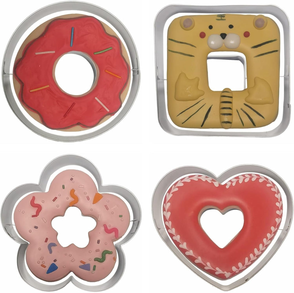 Large Size Donut Design Cookie Cutters Set of 4 pcs, Stainless Steel 4 Shapes Cream-filled Doughnut Fondant Cutter Molds Baking DIY (Round + Square + Heart + Flower)