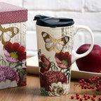 Topadorn 17 OZ Ceramic Coffee Mug Travel Cup with Lid and Gift Box, Red Flower and Butterfly
