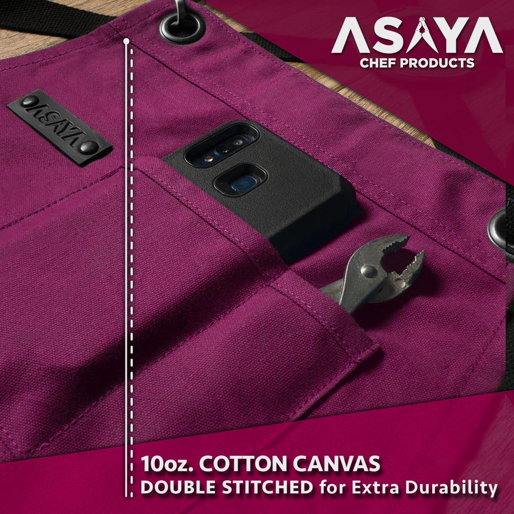 Asaya Chef and BBQ Apron with Bottle Opener and Hand Towel - 10oz Cotton Canvas, Stainless Steel Hardware - Cross Back Straps