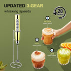 YUSWKO Champagne Gold Handheld Milk Frother Wand with Stand for Coffee, Rechargeable Electric Whisk with 3 Heads 3 Speeds Drink Mixer Coffee Frother For Latte, Cappuccino, Hot Chocolate, Egg