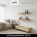 Lufia Floating Wall Shelves, Set of 2, MDF with Invisible Brackets, Modern Storage for Bedroom, Bathroom, Living Room, Kitchen (Oak, 32" W X 7" D X 1.5" H)