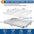 TeamFar Baking Sheet with Rack Set, Stainless Steel Baking Pan Cookie Sheet with Cooling Rack, Size 17.6 x 13 x 1inch, Non Toxic & Heavy Duty, Easy Clean & Dishwasher Safe