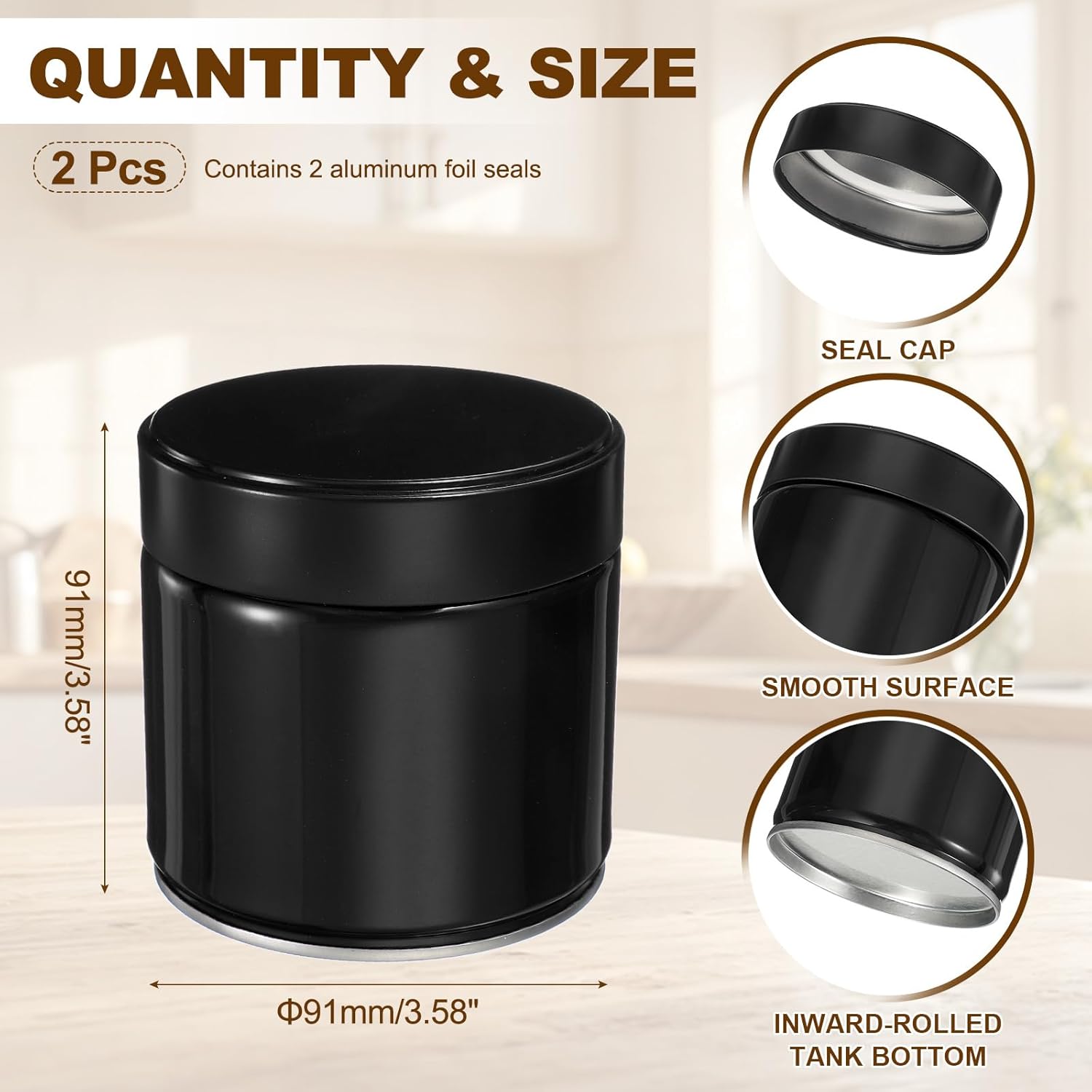uxcell 2Pcs Round Tea Canisters, 4" x 4" Airtight Metal Tea Containers for Loose Tea, Coffee Beans, Spices - Durable, Compact, and Stylish Storage Tea Tin (Black)