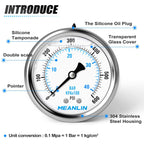 MEANLIN MEASURE 0~600Psi Stainless Steel 1/4" NPT 2.5" FACE DIAL Liquid Filled Pressure Gauge WOG Water Oil Air Center Back Mount, with 1/2" NPT and 3/8" NPT Hex Bushing