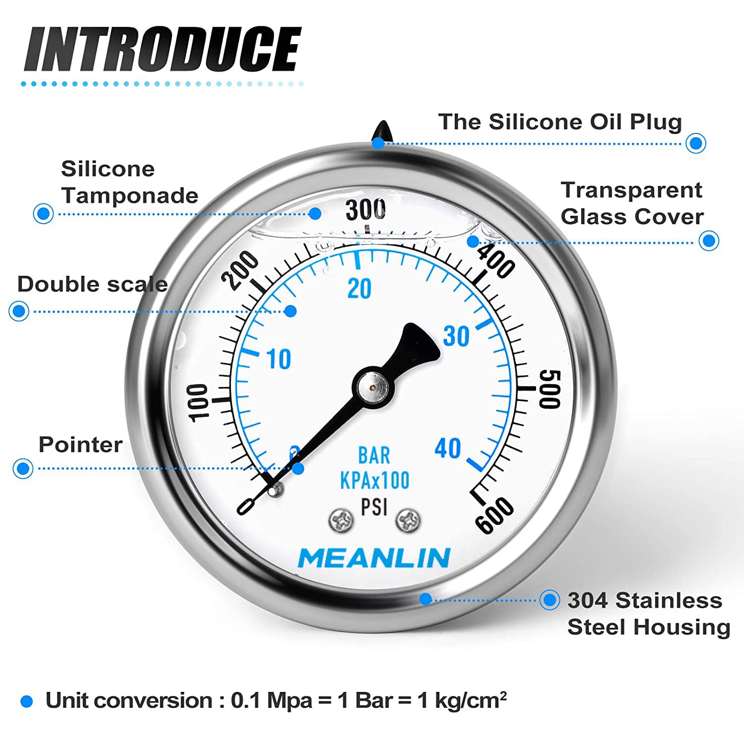 MEANLIN MEASURE 0~600Psi Stainless Steel 1/4" NPT 2.5" FACE DIAL Liquid Filled Pressure Gauge WOG Water Oil Air Center Back Mount, with 1/2" NPT and 3/8" NPT Hex Bushing