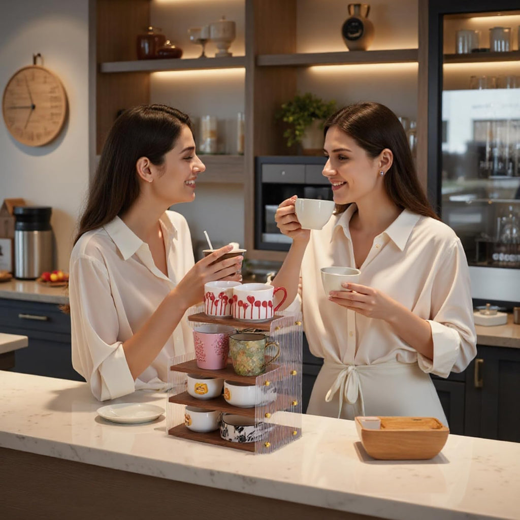 Coffee Mug Holder Wooden Cup Station Organizer 4-Tier Cup Holder for Coffee Bar Mug Display Rack for Countertop Mug Holder Shelf for Home Kitchen Wood