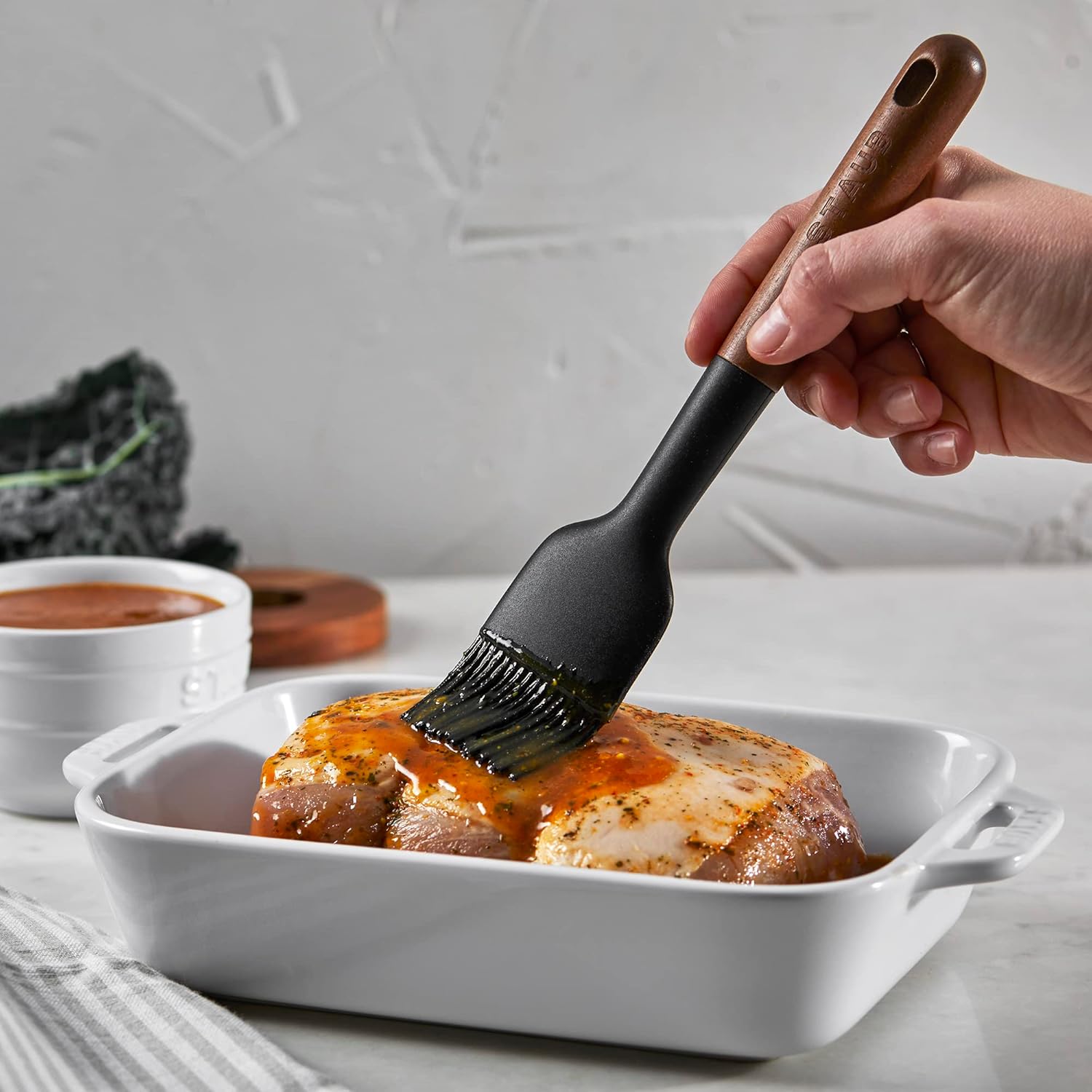 STAUB Pastry Brush, Perfect for Evenly Glazing Pastries and Basting Meats, Durable BPA-Free Matte Black Silicone, Acacia Wood Handles, Safe for Nonstick Cooking Surfaces
