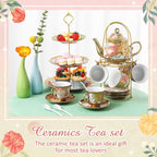 Maxcheck 21 Pcs Tea Party Set for Adults European Floral Tea Set with Metal Holder and 3 Tier Ceramic Cake Stand Porcelain Flower Cup Teapot for Dessert Cupcake(Vintage Style)
