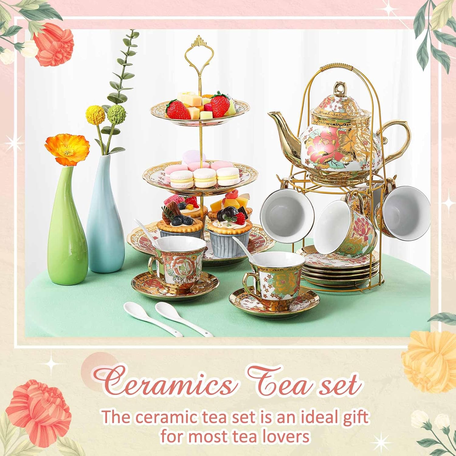 Maxcheck 21 Pcs Tea Party Set for Adults European Floral Tea Set with Metal Holder and 3 Tier Ceramic Cake Stand Porcelain Flower Cup Teapot for Dessert Cupcake(Vintage Style)