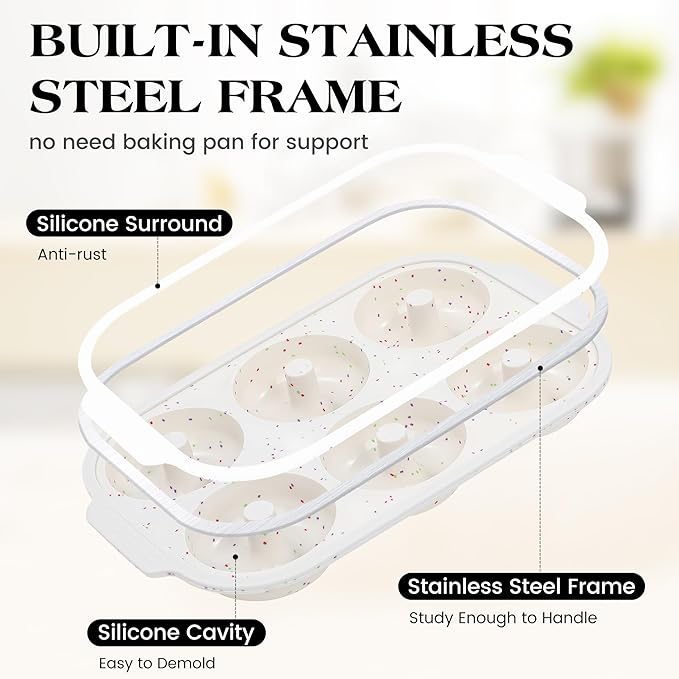 3 Pcs Silicone Donut Pan for Baking with Metal Reinforced Frame Nonstick 6 Cavity Donut Molds Doughnut Tray 3.25 Inch Large Bagel Molds (Cream)