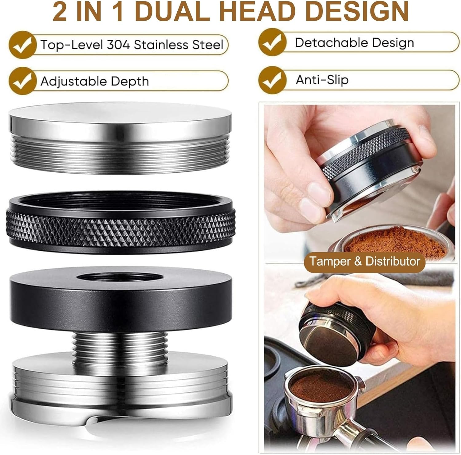 51mm Coffee Tamper and Distributor, Dual Head Coffee Leveler Fits for 51mm Portafilter, Adjustable Depth Espresso Hand Tampers, Professional Barista Espresso Distribution Tool