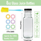 3 pack 8 oz Glass Juice Bottles with Lids, 250 ml Reusable Glass Water Bottles, Empty Drink Containers Drinking Jars with Brush, for Milk, Juicing, Kombucha, Ginger