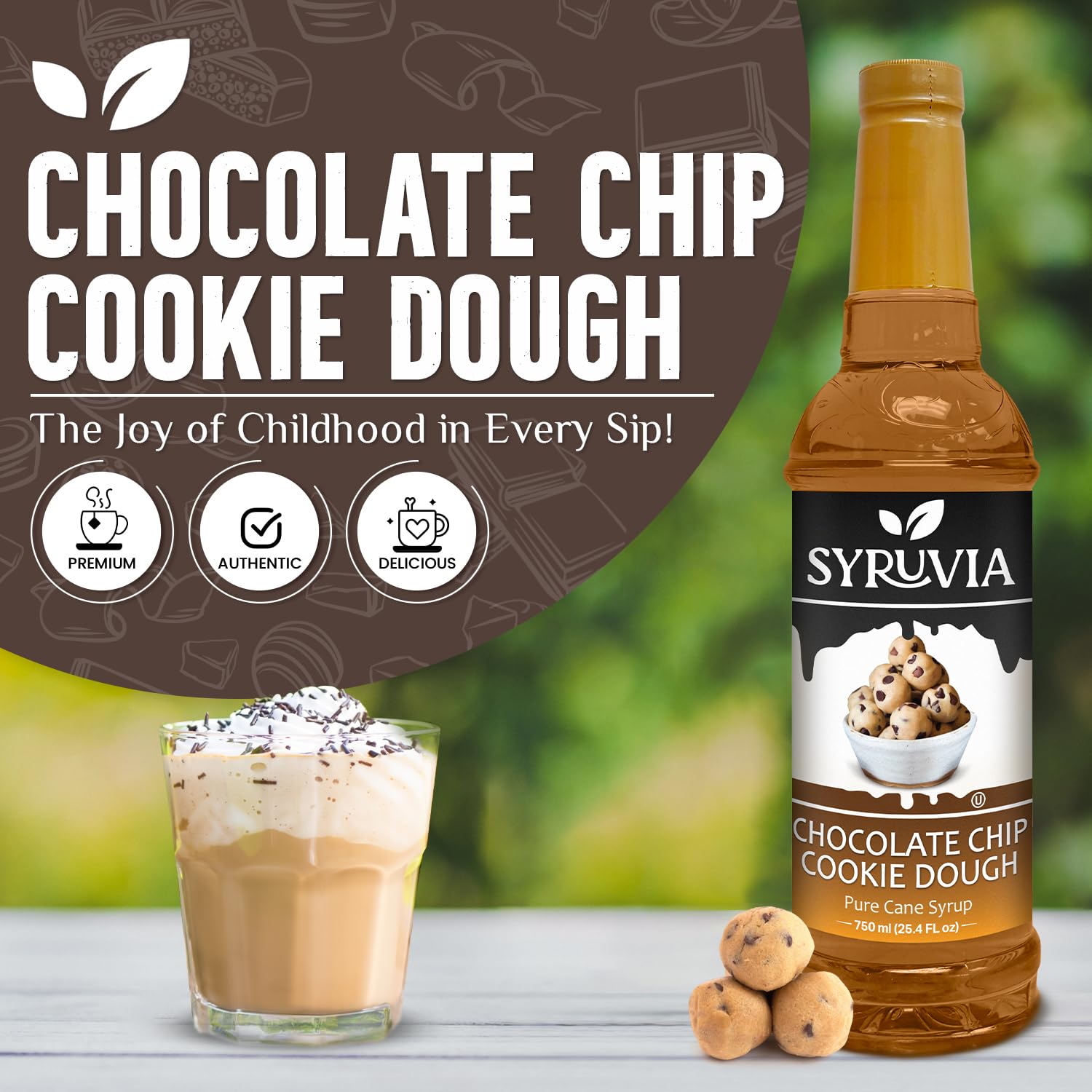 Syruvia Chocolate Chip Cookie Dough Syrup - 25.4 fl oz. Kosher and Gluten-Free. Ideal for Enhancing Drinks, Sodas, Shakes, Desserts, and More.