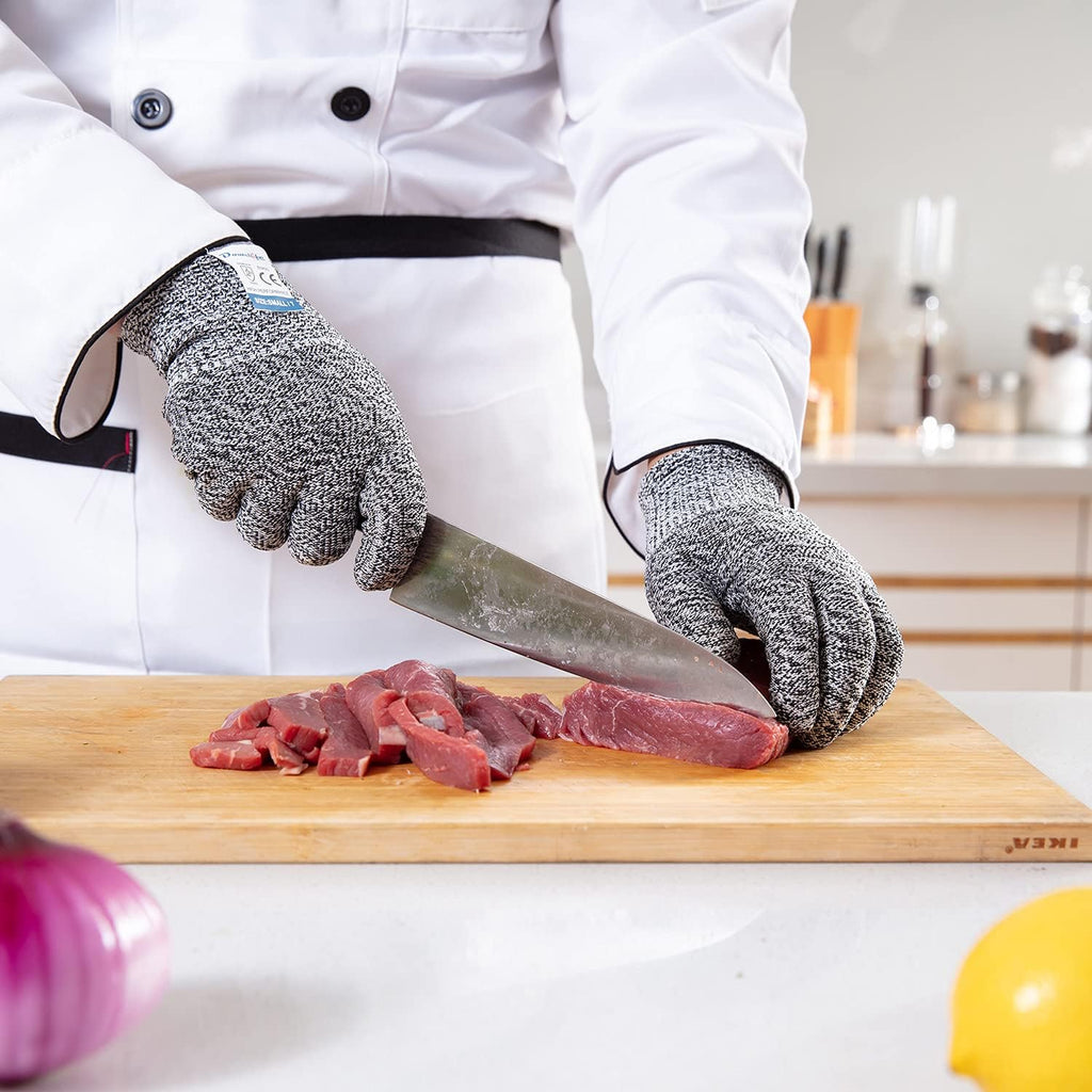 Dowellife 3 Pairs Cut Resistant Gloves Food Grade Level 5 Protection, Safety Kitchen Cuts Gloves for Mandolin Slicing, Fish Fillet, Oyster Shucking, Meat Cutting and Wood Carving (Black Gray, X-Large)