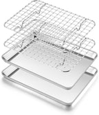 Toaster Oven Pan with Rack Set (2 Small Baking Sheets+2 Grill Racks), 9 x 7 Inch Stainless Steel Small Cookie Sheets Bacon Tray with Grid Cooling Racks for Baking Roasting Grilling, Dishwasher Safe