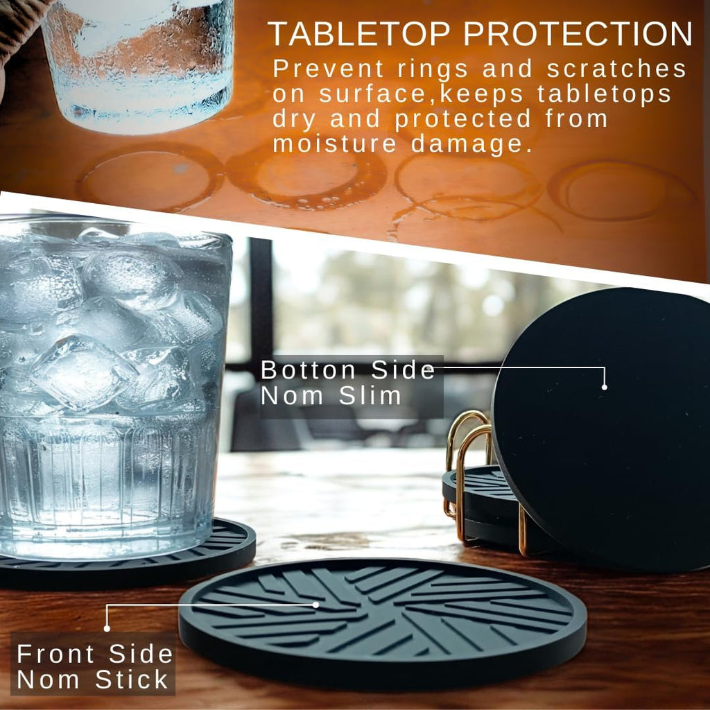 Silicone Black Coasters Set of 6 with Gold Holder - Coffee Table Decor for Home and Office, Durable and Stylish Coaster Set for Protection and Aesthetic Appeal