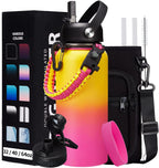 32/40/64oz Insulated Water Bottle with Paracord Handle, Sleeve Carry Strap, Straw Spout Lid, Wide Mouth Metal Canteen Sports Thermo Mug, Leak & Sweat Proof Cold Flask Jug for Camping Traveling