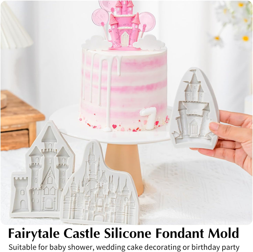 KALAIEN Castle Silicone Mold,3Pcs/Set Castle Cake Fondant Molds,Princess Chocolate Molds Castle Silicone Mirror Mould for Cake Decorating, FTM5036