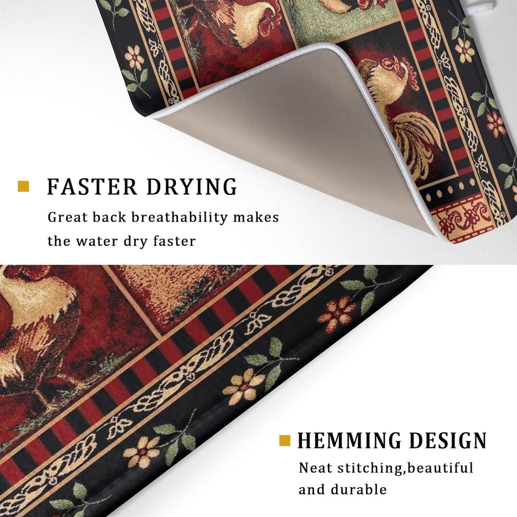 Farmhouse Rooster Dish Drying Mat 18 x 24 Inch Vintage Chicken Flower Absorbent Microfiber Dish Drying Pad Western Country Cabin Decor Dish Drainer Large Mat for Kitchen Counter Coffee Bar