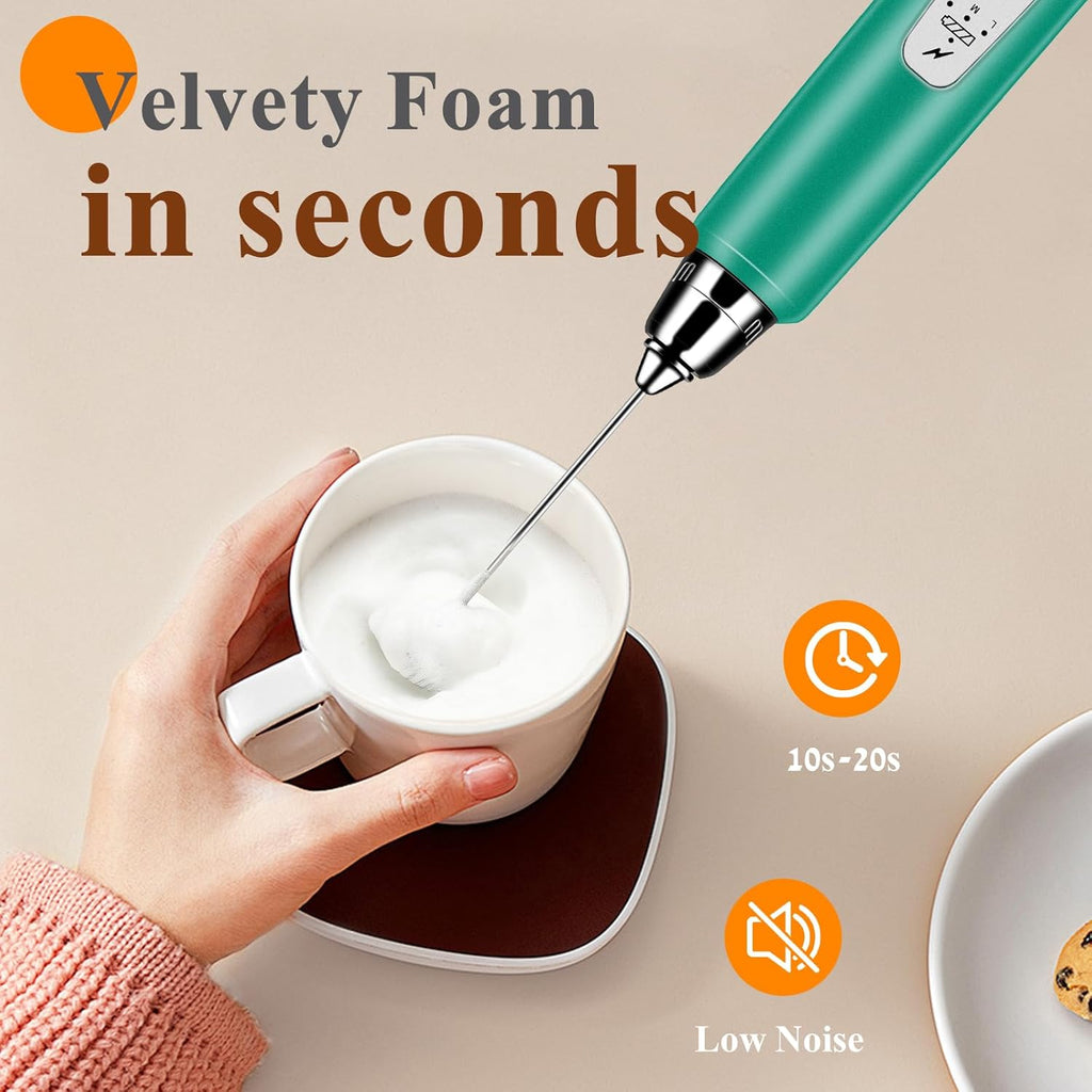 Milk Frother Handheld Rechargeable, Frother Wand Drink Mixer Electric Whisk for Coffee, Detachable With 3 Stainless Whisks, Hand Mixer for Lattes, Cappuccino, Matcha, Egg, No Stand, Green