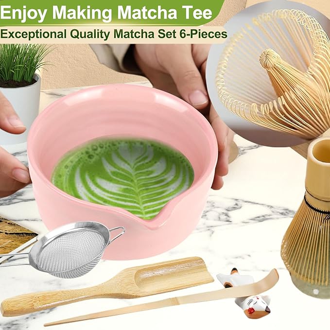 7 Pcs Matcha Whisk Set with Ceramic Bowl, Whisk, Bamboo Spoon, Holder, Sifter, Scoop and Scoop Holder, Tea Kit for Matcha Lover (Pink)