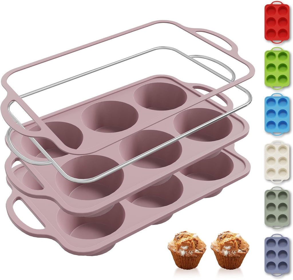 2 Packs 6 Cups Silicone Muffin Pan with Metal Reinforced Frame Jumbo Size Cupcake Pan Tray Egg Bites Silicone Circle Cookie Molds Muffin Tin Tart Pans Baking Sheet Set for Breakfast Sandwiches
