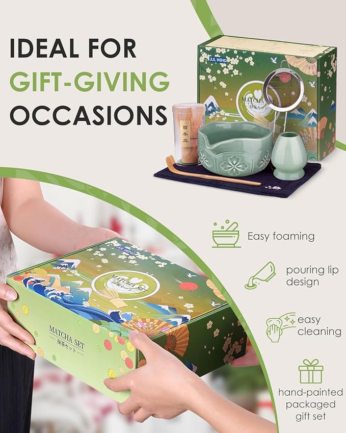 Matcha Whisk Set, Ceramic Matcha Bowl, Bamboo Whisk, Scoop, Sifter, Holder, Tea Towel - 6 Pcs Matcha Kit Gift for Matcha Lovers Beginners (Green)