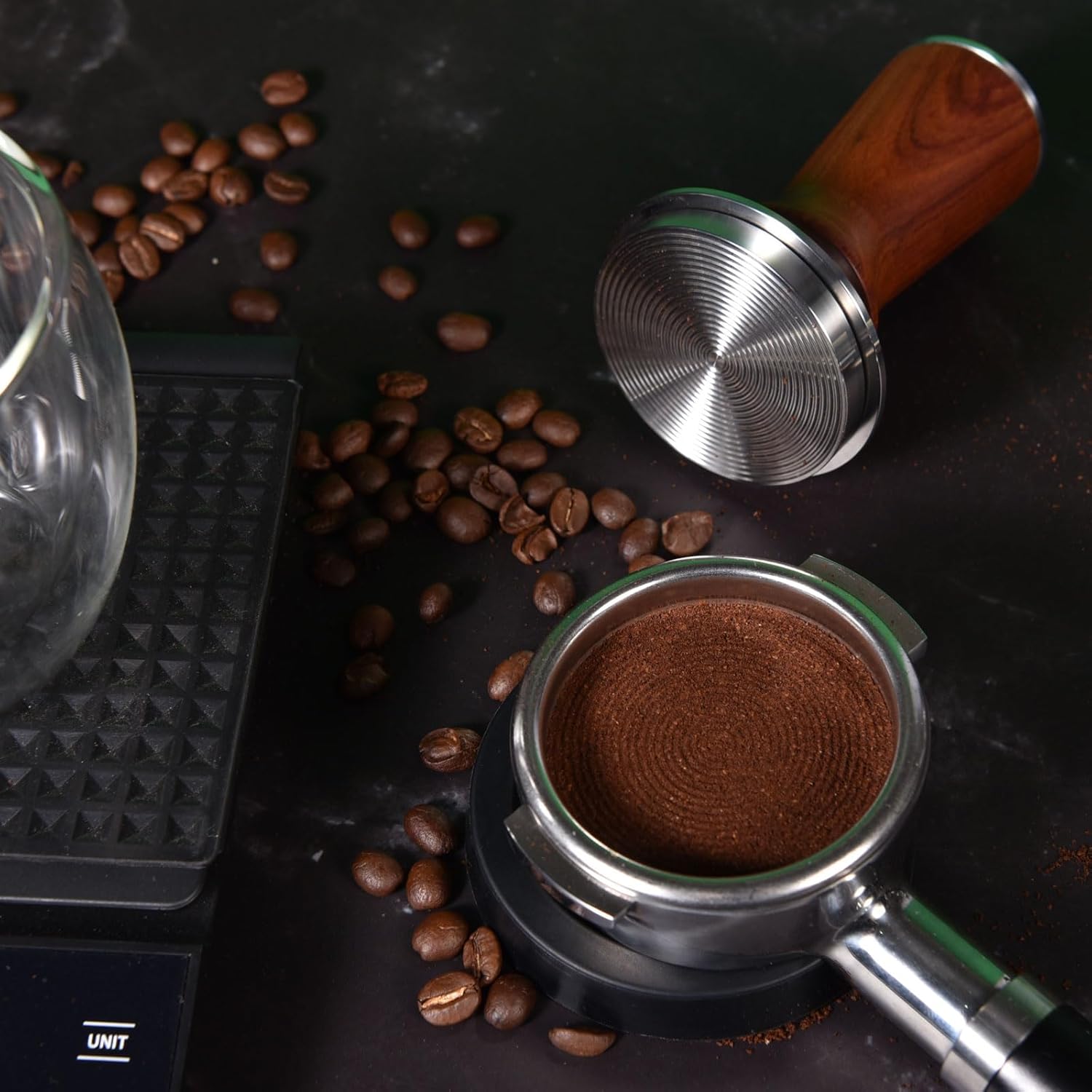 58.5mm Espresso Hand Tamper, Dual Calibrated Spring Loaded Coffee Tamper with Stainless Steel Ripple Base, Pro-barista 30lbs Espresso Tamper with Red Rosewood Handle Fits 58mm Portafilter