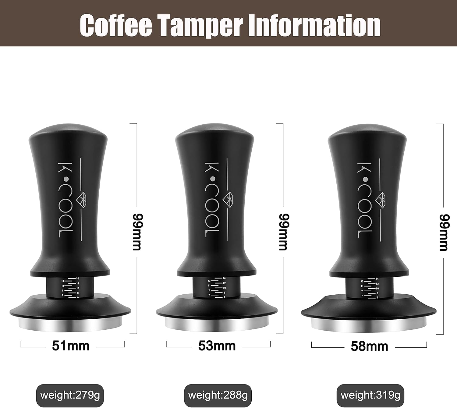 K COOL 51mm Coffee Espresso Tamper, Premium Barista Tools, Calibrated Spring Tamper, 100% Stainless Steel Flat Base Tamper with Scale Mark for Espresso Machine (Black)