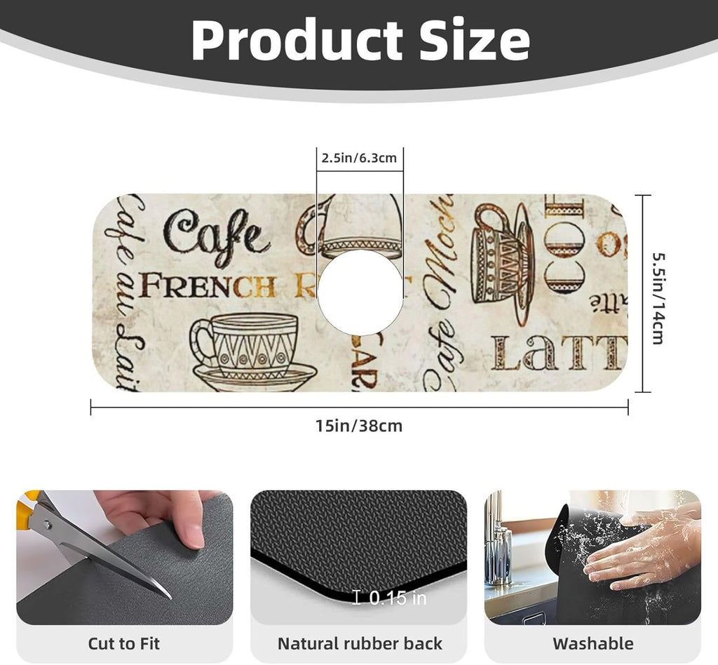 2Pcs Dish Drying Mats Faucet Mats Sets Large Size Coffee Mats Sink Faucet Mat Splash Guard for Kitchen Counter Bathroom Sink Coffee Bar Kitchen Decor (Retro Coffee, 18"x24" 15" x 5.5"Set)