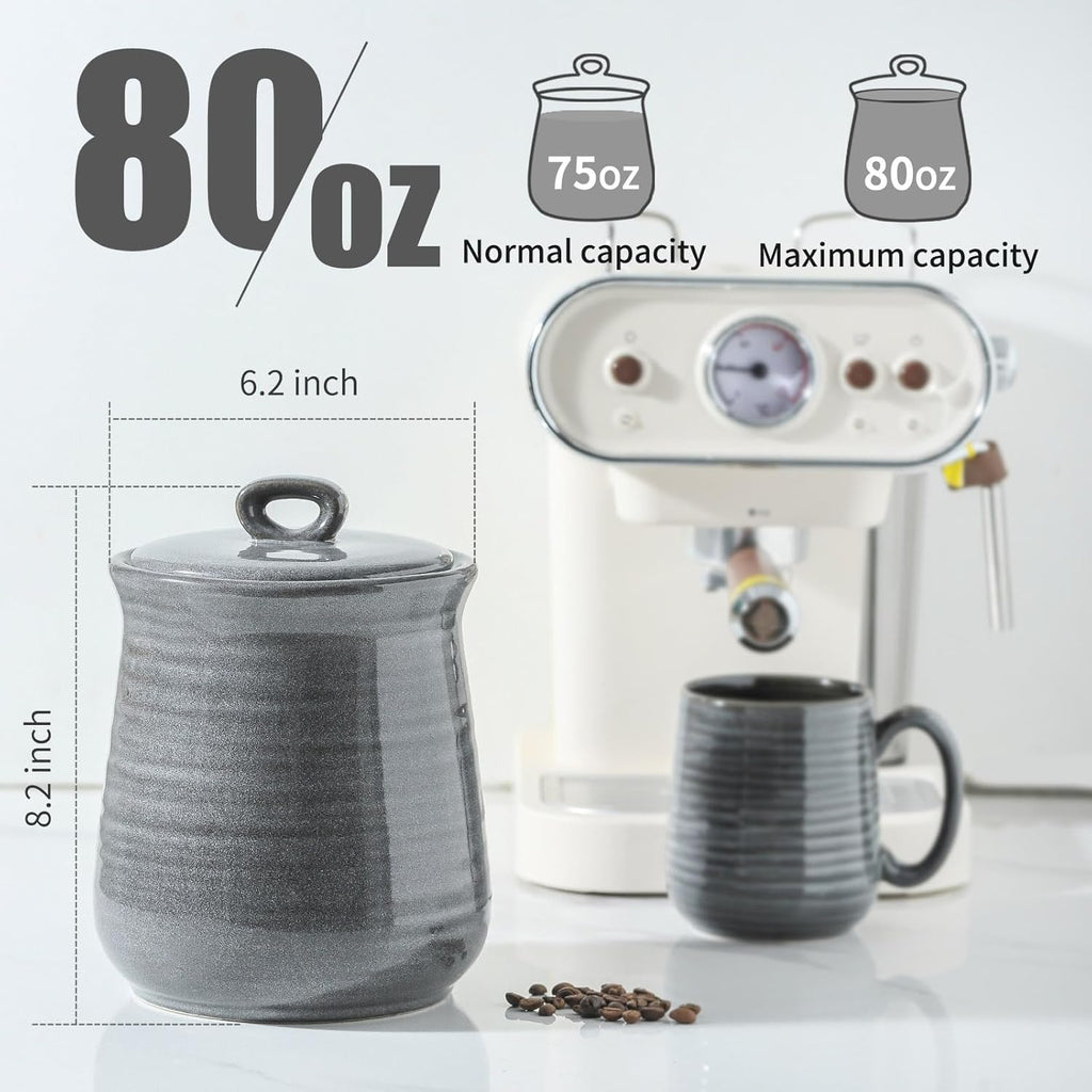 Hasense Coffee Canister with Airtight Lid, Porcelain Food Storge Container for Kitchen, Large Cookies Jar for Countertop, Ideal for Coffee Bean, Flour, Sugar, Cereal, 80 FL OZ(Grey)