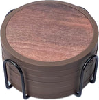 Absorbent Coasters for Drinks with Holder - 6packs, Silicone Coaster with Soft Felt Insert (4.3 inch Coasters with 4.5 inch Holder, Wooden Style)