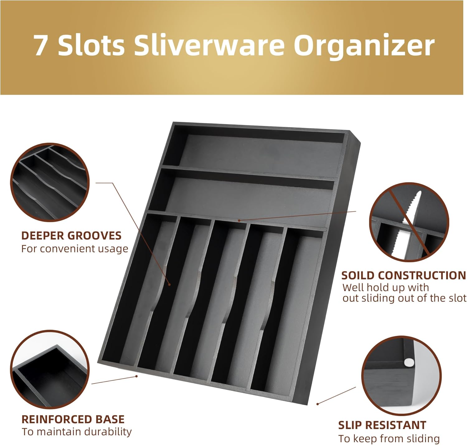 Silverware Organizer Kitchen Drawer Organizer Utensil Organizer Bamboo Silverware Holder Cutlery Organizer in Drawer Flatware Organizer Tray(7 slots, Black