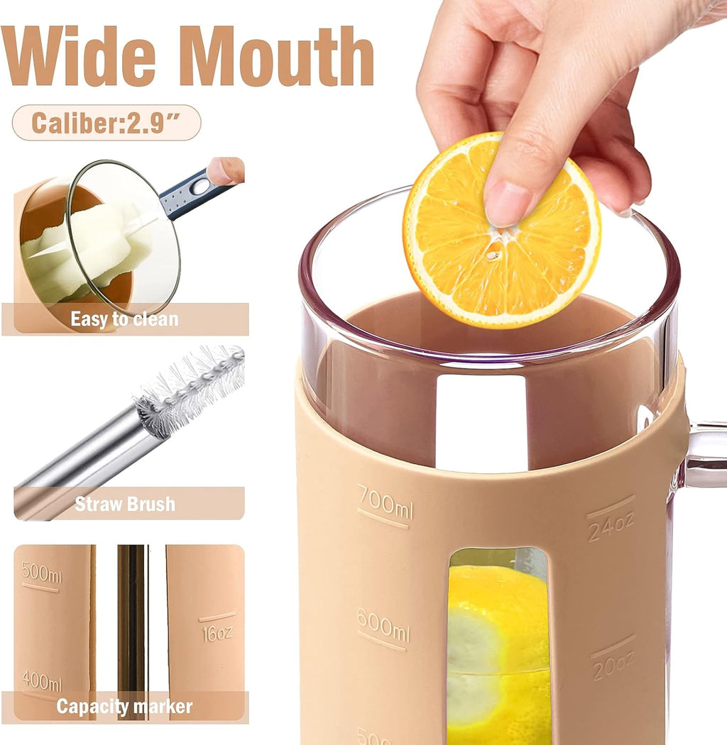 Kodrine Tumbler with Lid and Straw, 24 oz Glass Tumbler with Handle, Iced Coffee Cup Boba Smoothie Cup, Coffee Tumbler Water Tumbler Cups with Bamboo Lid Home Office Tumblers, Amber