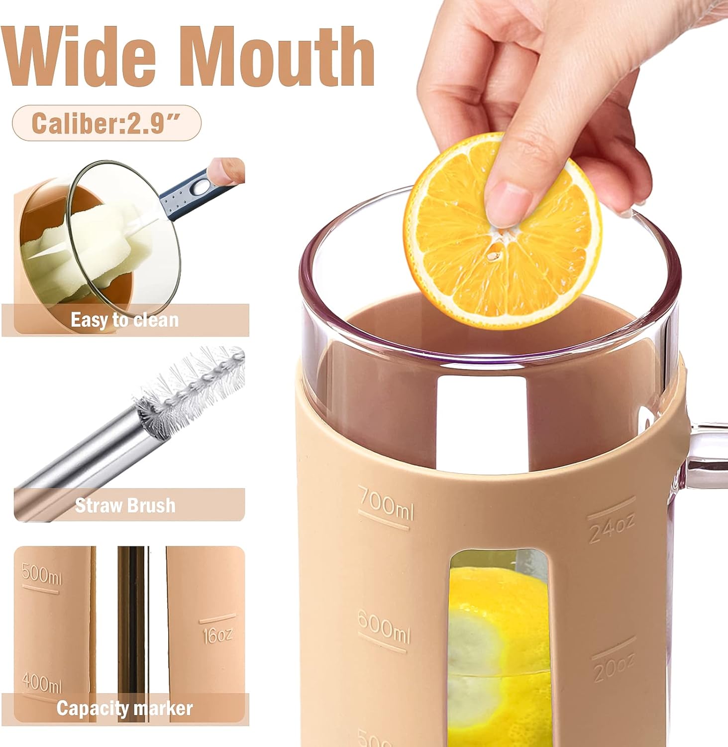 Kodrine Tumbler with Lid and Straw, 24 oz Glass Tumbler with Handle, Iced Coffee Cup Boba Smoothie Cup, Coffee Tumbler Water Tumbler Cups with Bamboo Lid Home Office Tumblers, Amber