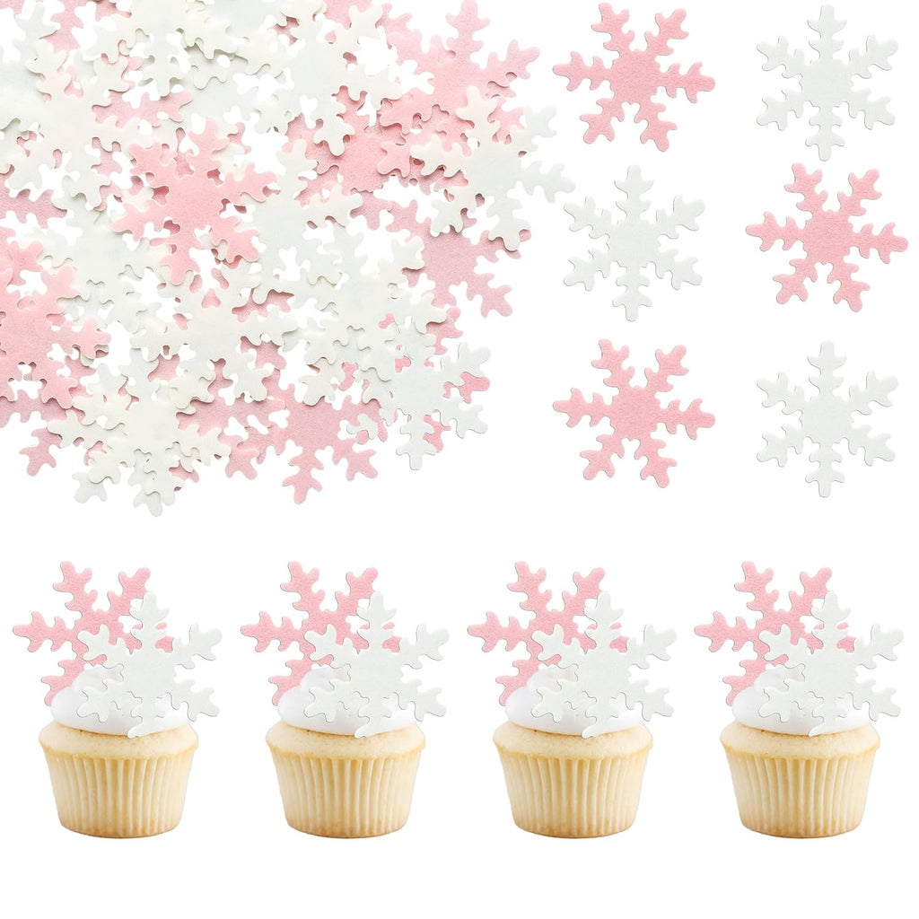 Gyufise 50Pcs Pink Edible Cupcake Cake Toppers Snowflake Cake Decorations for Christmas Winter Frozen Theme Party Supply Decoration Pink White