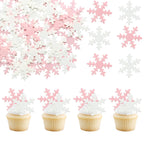 Gyufise 50Pcs Pink Edible Cupcake Cake Toppers Snowflake Cake Decorations for Christmas Winter Frozen Theme Party Supply Decoration Pink White