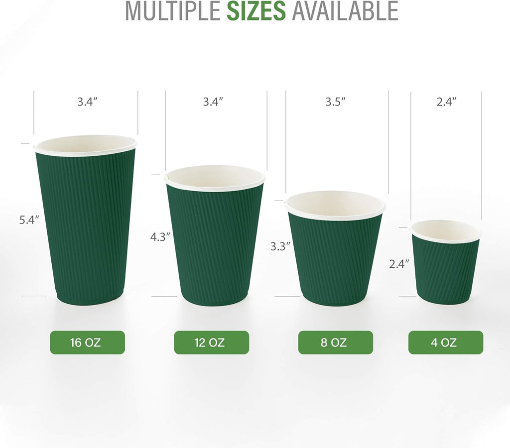 Restaurantware 8 Ounce Double Wall Disposable Coffee Cups, 500 Insulated Forest Green Paper Tumblers with Ripple Wall Design, Lids Sold Separately for Hot Drinks like Tea, Hot Chocolate and More